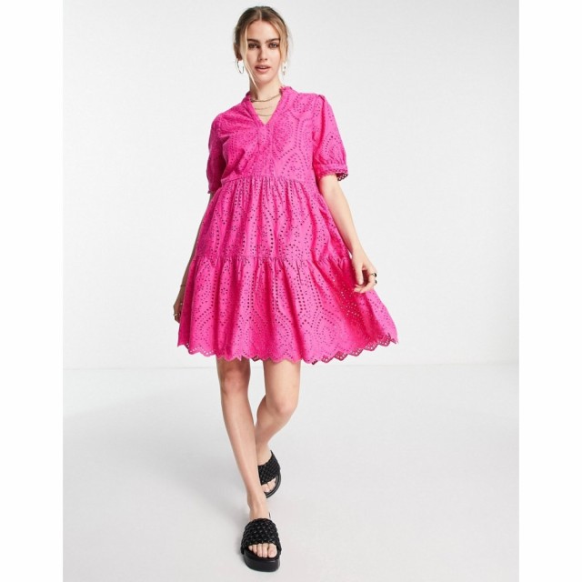 ワイ エー エス Y.A.S レディース ワンピース Ａライン Organic Cotton High Neck Tiered Broderie Mini Dress In Bright Pink ブライト