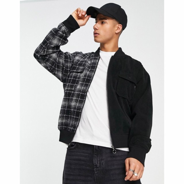 シックシルク SikSilk メンズ ブルゾン ミリタリージャケット アウター Spliced Bomber In Black And Grey Check ブラック