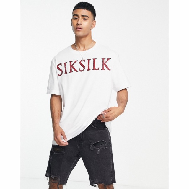 シックシルク SikSilk メンズ Tシャツ トップス Siksilk Oversized T-Shirt In White With Red Rhinestone Logo ホワイト