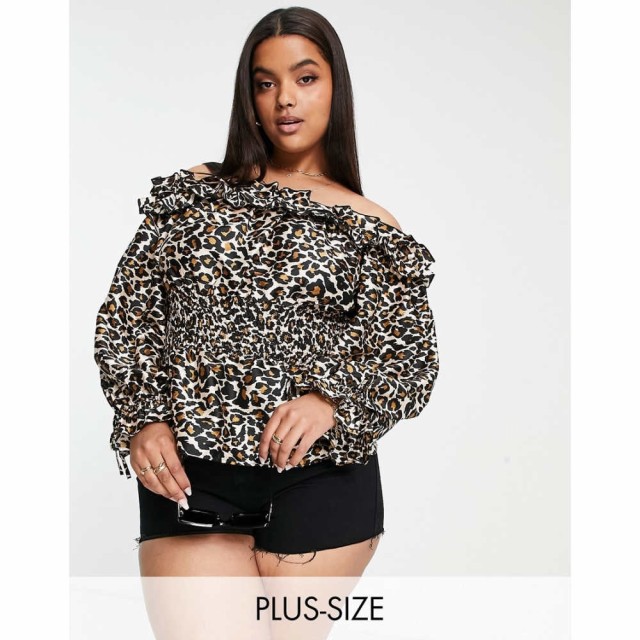 リバーアイランド River Island Plus レディース ブラウス・シャツ トップス Shirred Waist Bardot Blouse In Animal Print ブラウン