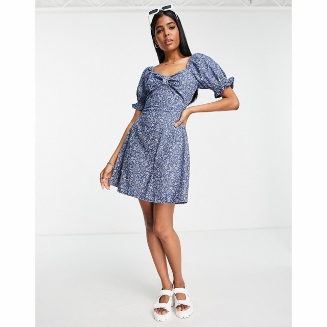 ピーシーズ Pieces レディース ワンピース デニム ワンピース・ドレス Denim Puff Sleeve Mini Dress In Paisley Print ブルー