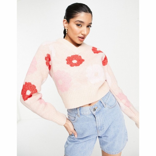 モンキ Monki レディース ニット・セーター Vネック トップス V Neck Sweater Oversized Flower Print In Pink ピンク