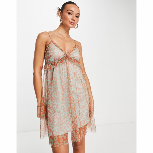 リバーアイランド River Island レディース ワンピース キャミワンピ ワンピース・ドレス Mesh Ruffle Cami Mini Dress In Orange Floral