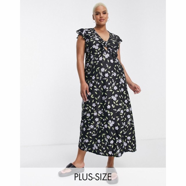 リバーアイランド River Island Plus レディース ワンピース ミドル丈 ワンピース・ドレス Floral Midi Dress In Black ブラック