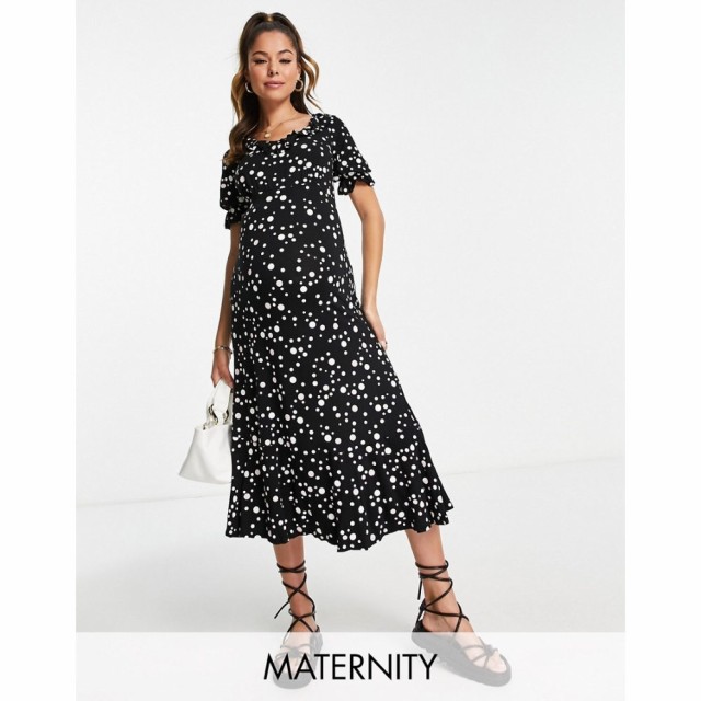 リバーアイランド River Island Maternity レディース ワンピース ミドル丈 ワンピース・ドレス Frill Neck Midi Dress In Black Spot ブ