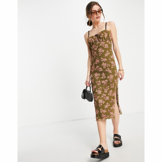 リバーアイランド River Island レディース ワンピース ミドル丈 ワンピース・ドレス Mesh Floral Midi Dress In Green グリーン