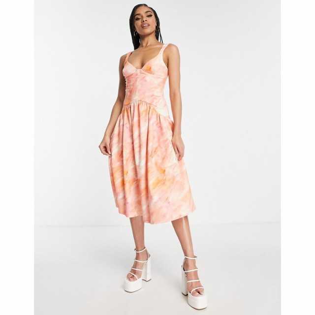 エイソス ASOS DESIGN レディース ワンピース ミドル丈 ワンピース・ドレス Corset Detail Drop Waist Midi Dress In Pink And Orange Ti