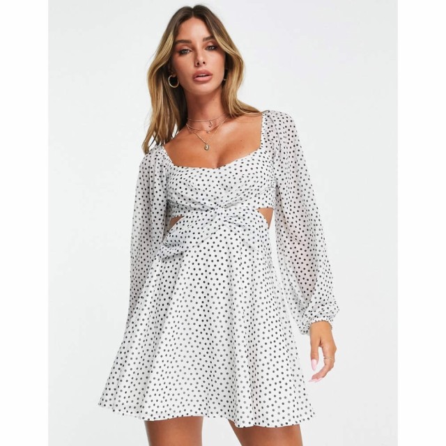 エイソス ASOS DESIGN レディース ワンピース ミニ丈 ワンピース・ドレス Long Sleeve Cut Out Mini Dress In White Polka Dot ホワイト