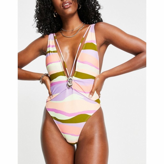 リバーアイランド River Island レディース ワンピース 水着・ビーチウェア Sunset Print Plunge Shell Trim Swimsuit In Purple