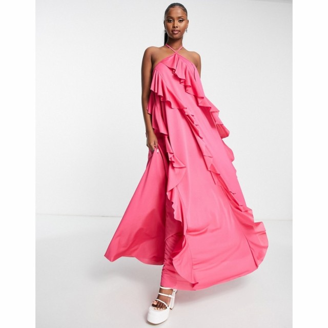 エイソス ASOS DESIGN レディース ワンピース Ａライン ワンピース・ドレス Recycled Polyester Halter Tiered Ruffle Maxi Dress In Pin