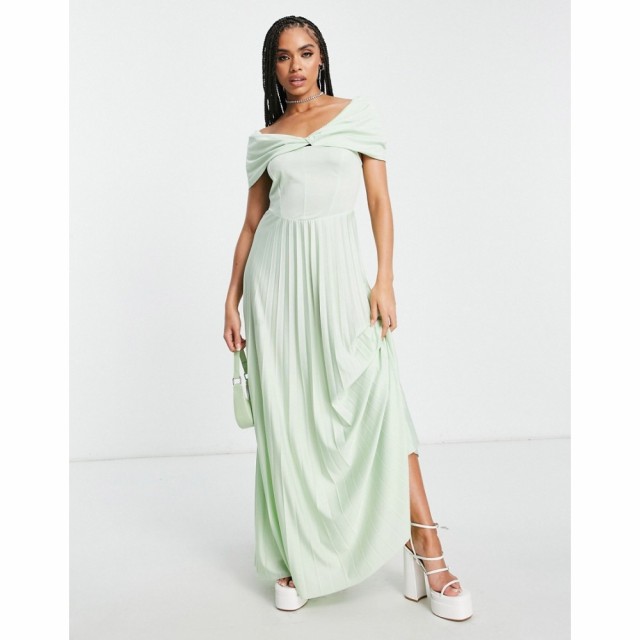 エイソス ASOS DESIGN レディース ワンピース マキシ丈 Recycled Polyester Twist Front Off The Shoulder Pleated Maxi Dress In Sage