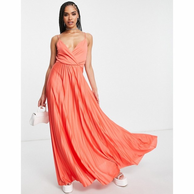 エイソス ASOS DESIGN レディース ワンピース マキシ丈 ワンピース・ドレス Recycled Polyester Tie Waist Pleated Maxi Dress In Coral