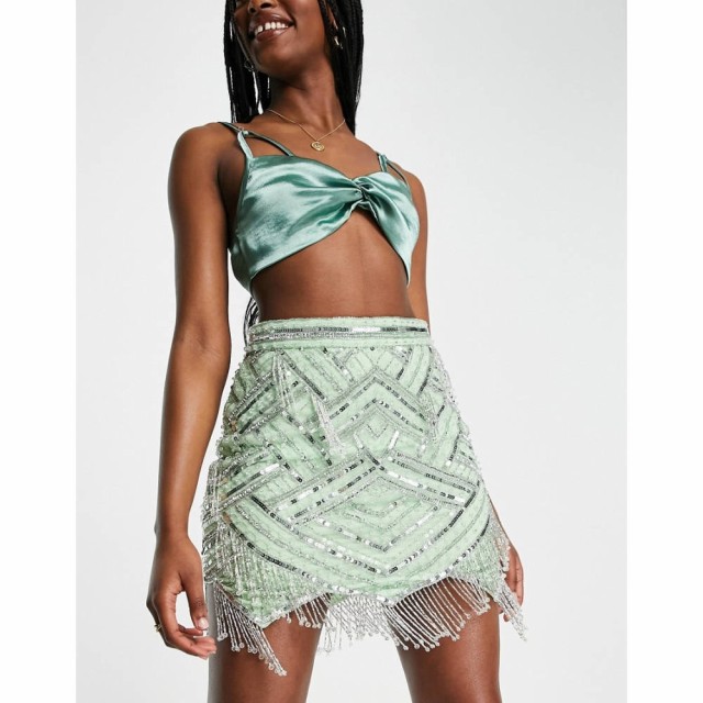 エイソス ASOS DESIGN レディース ミニスカート スカート Beaded Mini Skirt With Fringe Detail In Green グリーン/シルバー