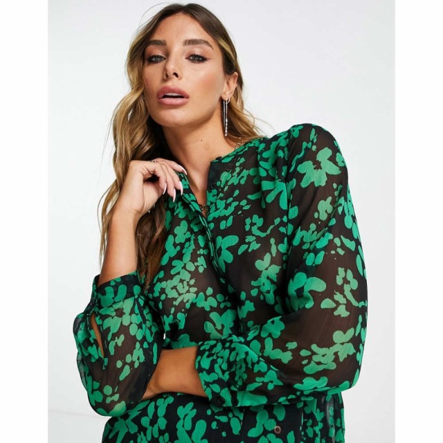 フレンチコネクション French Connection レディース ブラウス・シャツ トップス Floral Crinkle Shirt In Green ブラック/パームグリー