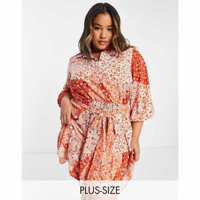 リバーアイランド River Island Plus レディース ワンピース ミニ丈 ワンピース・ドレス Mixed Print Shirt Mini Dress In Orange オレン