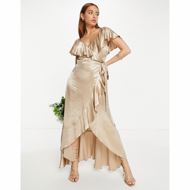 トップショップ Topshop レディース パーティードレス ラップドレス ワンピース・ドレス Bridesmaid Satin Frill Wrap Dress In Gold ゴ