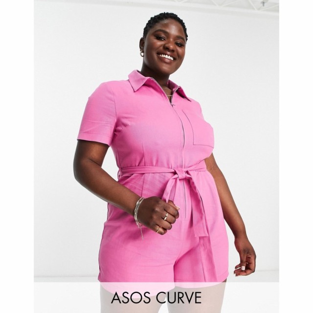 エイソス ASOS Curve レディース オールインワン ショート ワンピース・ドレス Curve Zip Front Twill Playsuit In Pink ピンク