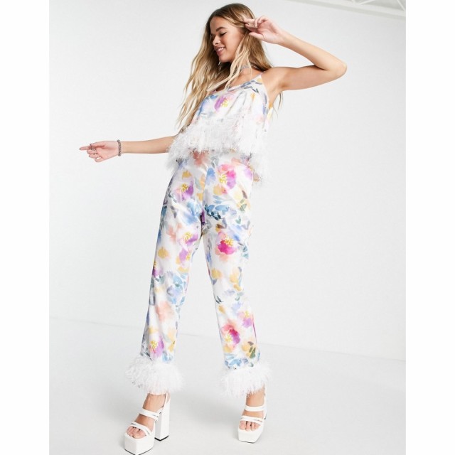 ツイステッドヴンダー Twisted Wunder レディース ボトムス・パンツ Straight Leg Trousers In Floral Print With Faux Feather Hem Co-O