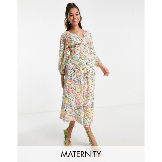 ツイストワンダー Twisted Wunder Maternity レディース ワンピース ミドル丈 Balloon Sleeve Midi Dress In Pastel Swirl Print マルチ