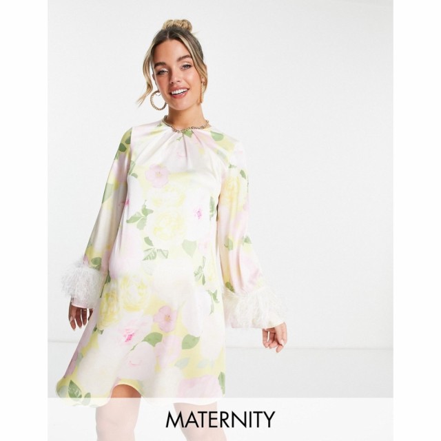 ツイストワンダー Twisted Wunder Maternity レディース ワンピース シフトドレス ミニ丈 Mini Shift Dress With Faux Feather Cuffs In