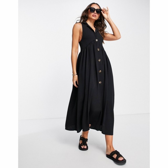 エイソス ASOS DESIGN レディース ワンピース ミドル丈 ワンピース・ドレス Collared Button Through Midi Smock Dress In Black ブラッ