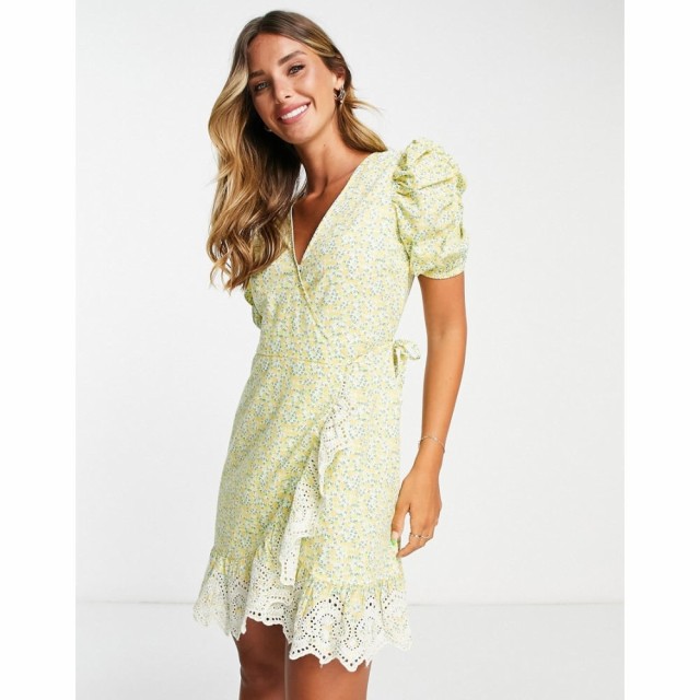 リバーアイランド River Island レディース ワンピース ラップドレス ミニ丈 Ditsy Floral Broderie Tea Wrap Mini Dress In Yellow イエ