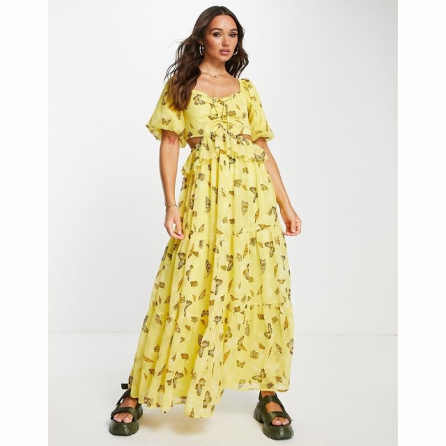 リバーアイランド River Island レディース ワンピース マキシ丈 ワンピース・ドレス Ruched Front Cut Out Maxi Dress In Yellow Butter