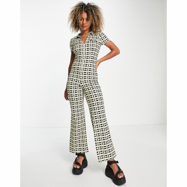 エイソス ASOS DESIGN レディース オールインワン ジャンプスーツ ワンピース・ドレス Collar Zip Front 70S Rib Jumpsuit In Geo Print