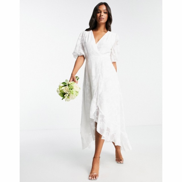 ブルーム Blume Bridal レディース ワンピース ラップドレス ミドル丈 Wrap Jaquard Midi Dress With Puff Sleeve And Frill Detail In W