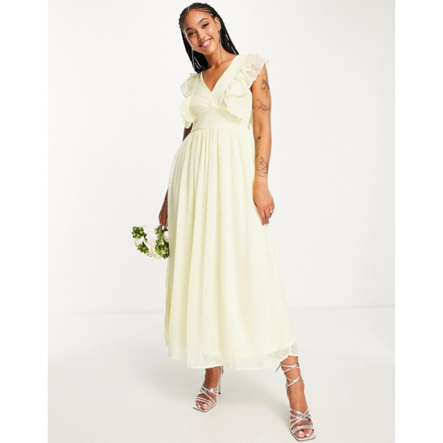 ヴィラ Vila レディース パーティードレス ミドル丈 Bridesmaid Recycled Midi Dress With Frill Detail In Textured Dobby Yellow イエ