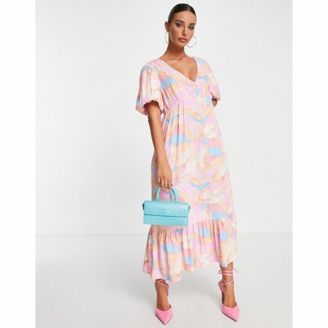 ヴィラ Vila レディース ワンピース Vネック ミドル丈 ワンピース・ドレス Midi Dress With V Neck In Pastel Abstract Print フューシャ