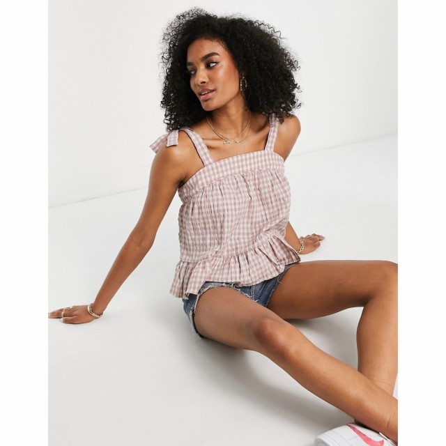 ワイ エー エス Y.A.S レディース スリップ・キャミソール インナー・下着 Tie Shoulder Cami Top Co-Ord In Pink and White Gingham ピ