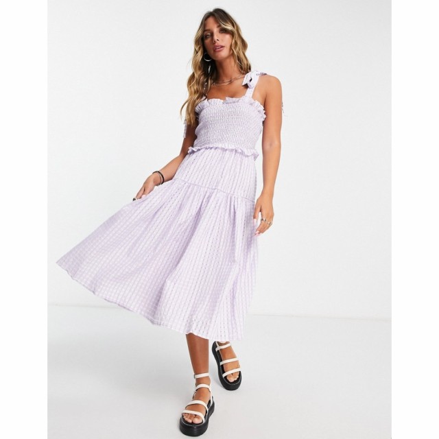 ワイ エー エス Y.A.S レディース ワンピース ミドル丈 ワンピース・ドレス Shirred Tie Strap Midi Dress In Lavender Check