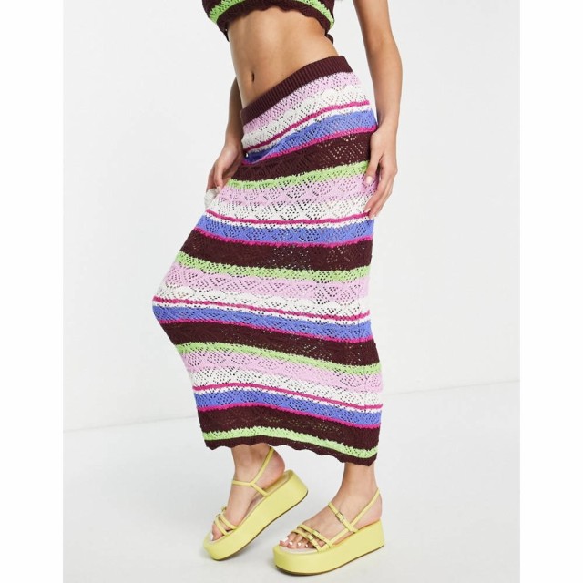 モンキ Monki レディース ひざ丈スカート スカート Co-Ord Knit Crochet Midi Skirt In Multi Stripe マルチカラー