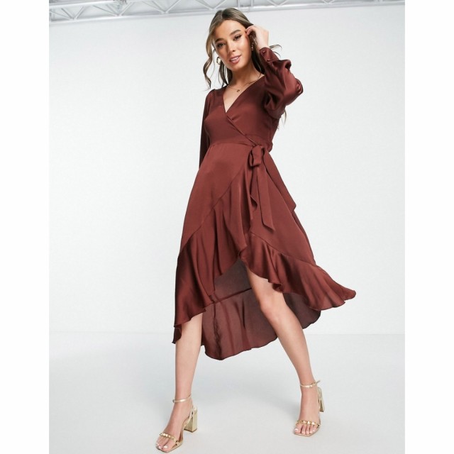 ニュールック New Look レディース ワンピース ラップドレス ミドル丈 ワンピース・ドレス Satin Wrap Midi Dress In Brown ブラウン