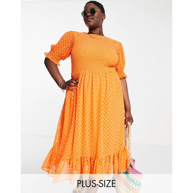 シンプリー ビー Simply Be レディース ワンピース ミドル丈 ワンピース・ドレス Shirred Midi Dress With Puff Sleeves In Orange オレ