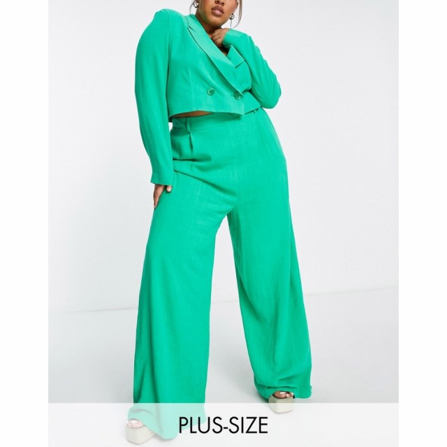 フラウンスロンドン Flounce London Plus レディース ボトムス・パンツ High Waist Wide Leg Trousers In Bold Green Linen Co-Ord グリ