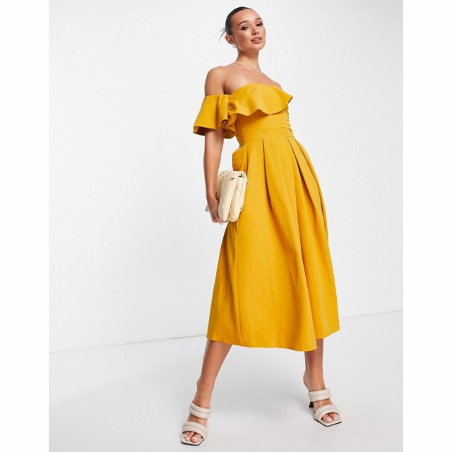 トゥルーヴァイオレット True Violet レディース ワンピース ミドル丈 ワンピース・ドレス Bardot Frill Midi Dress In Ochre Yellow イ