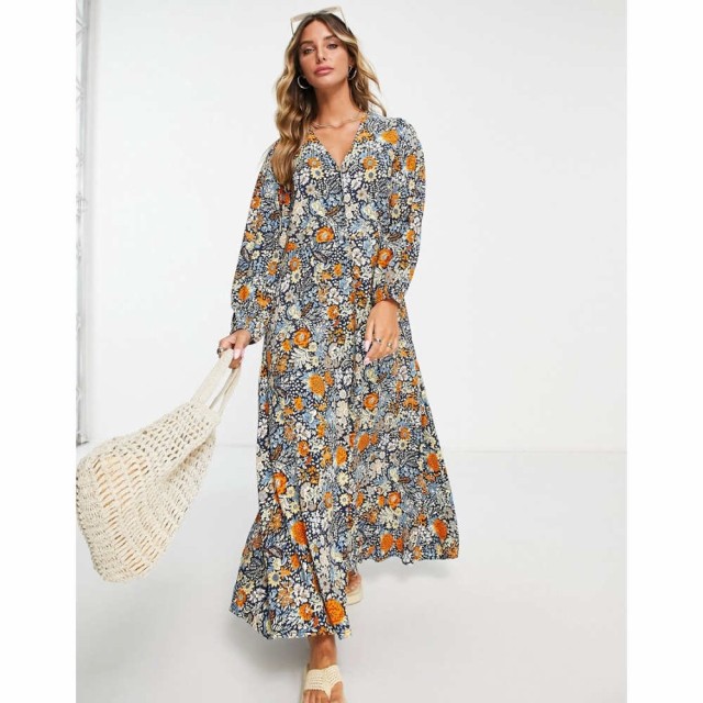 ワイ エー エス Y.A.S レディース ワンピース Vネック マキシ丈 ワンピース・ドレス Long Sleeve V Neck Printed Floral Maxi Dress ネイ