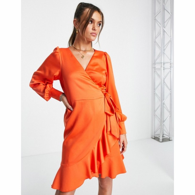 スタイルチート Style Cheat レディース ワンピース ラップドレス ミニ丈 ワンピース・ドレス Ruffle Wrap Satin Mini Dress In Tangerin