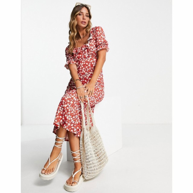 リバーアイランド River Island レディース ワンピース ワンピース・ドレス Frill Neck Tea Midi Dress In Red Floral Print レッド