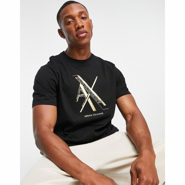 アルマーニ Armani Exchange メンズ Tシャツ トップス Centre Logo T-Shirt In Black and Gold ブラック