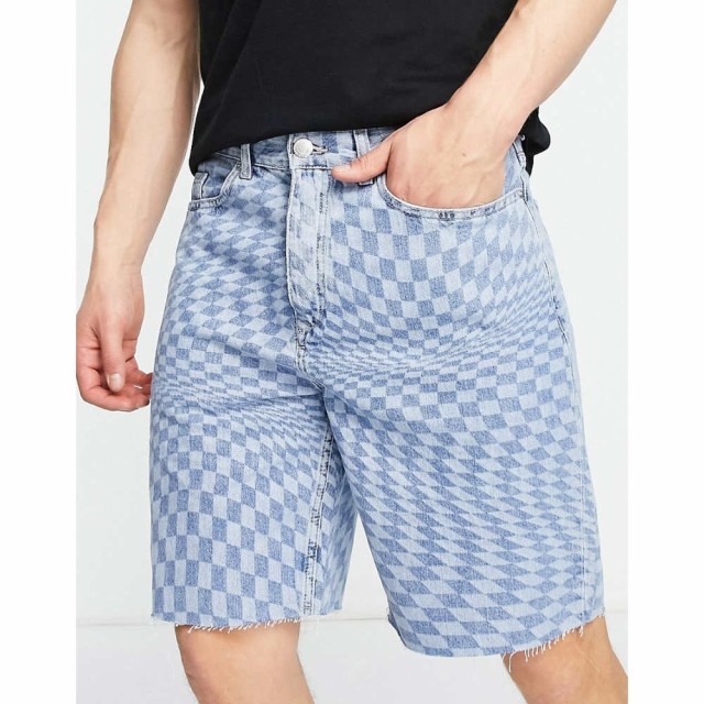 リバーアイランド River Island メンズ ショートパンツ チェッカーフラッグ デニム ボトムス・パンツ Relaxed Checkerboard Denim Shorts