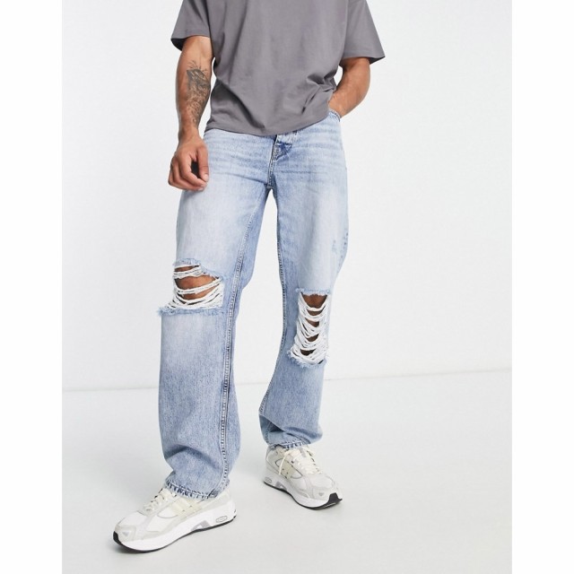 リバーアイランド River Island メンズ ジーンズ・デニム ワイドパンツ ダメージ加工 ボトムス・パンツ Baggy Ripped Jeans In Light Blu