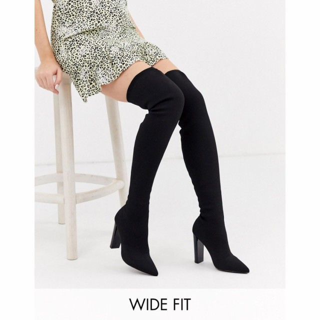 エイソス ASOS DESIGN レディース ブーツ シューズ・靴 Wide Fit Kudos Knitted Block Heel Thigh High Boots In Black ブラックニット