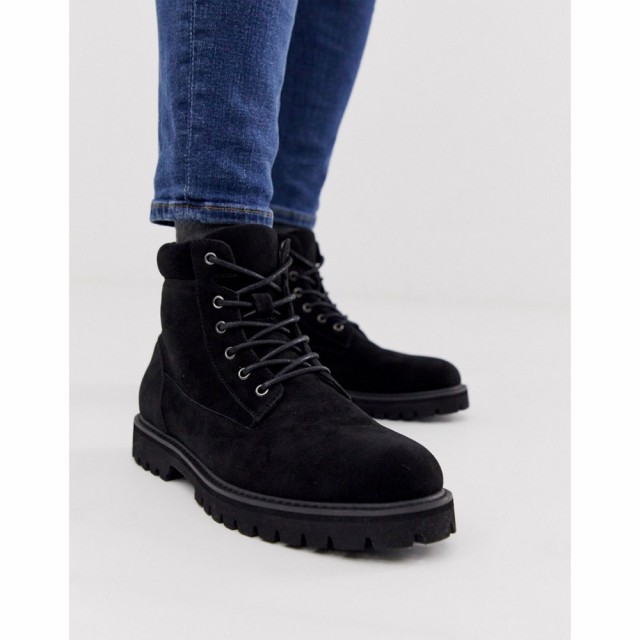 エイソス ASOS DESIGN メンズ ブーツ レースアップブーツ シューズ・靴 Lace Up Boot In Black Faux Suede With Padded Cuff Detail ブラ