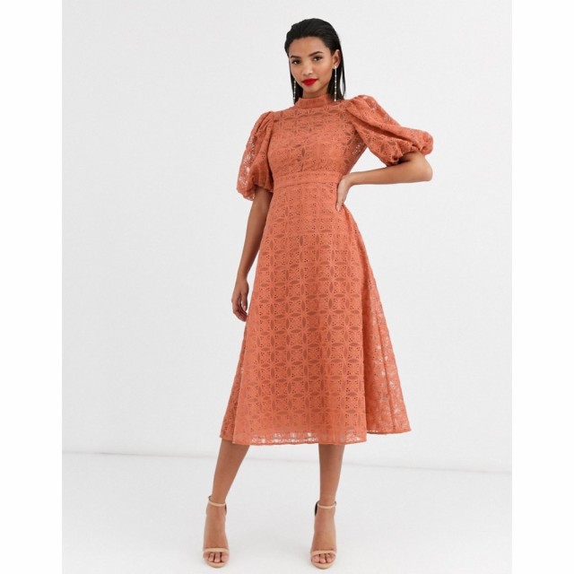 エイソス ASOS DESIGN レディース ワンピース Aライン ミドル丈 Broderie Organza Midi Skater Dress With Puff Sleeves In Terracotta