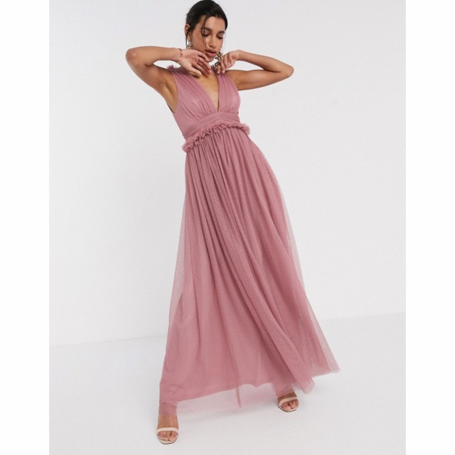 エイソス ASOS DESIGN レディース ワンピース マキシ丈 ワンピース・ドレス Spot Tulle Mesh Plunge Pep Waist Maxi Dress In Mink モー