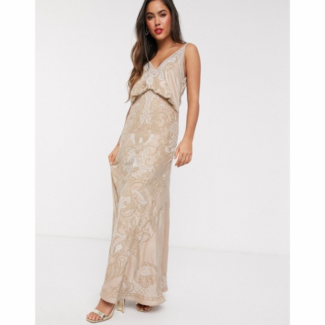 エイソス ASOS DESIGN レディース ワンピース マキシ丈 ワンピース・ドレス Cowl Back Satin Embroidered Maxi Dress With Ladder Trim