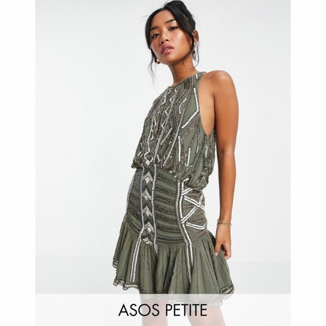 エイソス ASOS Petite レディース ワンピース ミニ丈 ワンピース・ドレス Petite High Neck Embellished Mini Dress With Dropped Hem グ